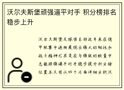 沃尔夫斯堡顽强逼平对手 积分榜排名稳步上升