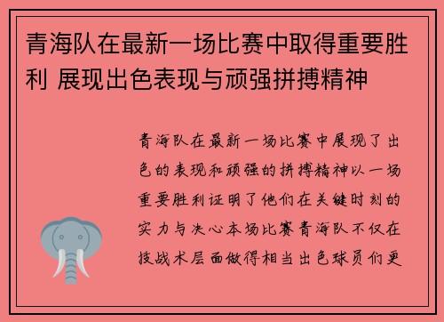 青海队在最新一场比赛中取得重要胜利 展现出色表现与顽强拼搏精神